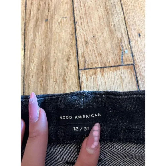 Good American Wide Leg Crop Jeans Frayed Hem High Waist Black Size 12