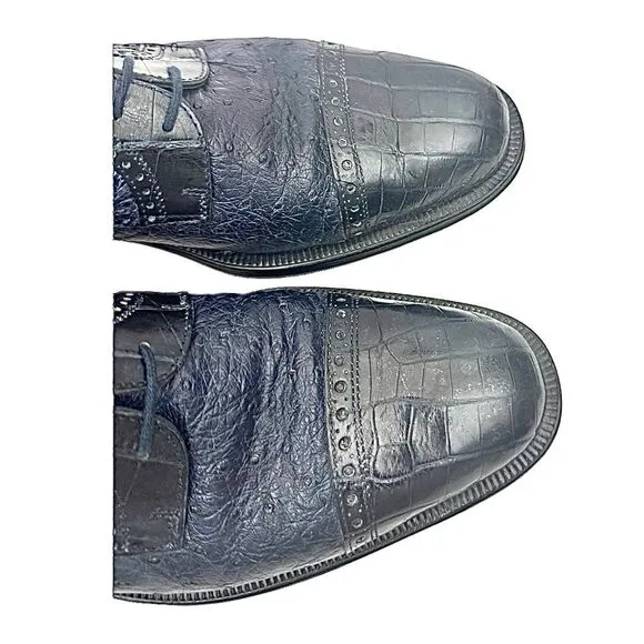 GORGEOUS FORLI MENS GENUINE CROCODILE &amp; OSTRICH BLUE OXFORDS 8 M $795 EUC