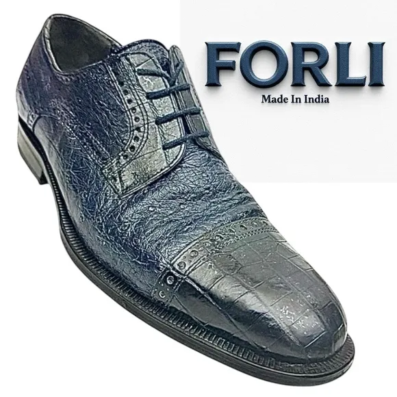 GORGEOUS FORLI MENS GENUINE CROCODILE &amp; OSTRICH BLUE OXFORDS 8 M $795 EUC