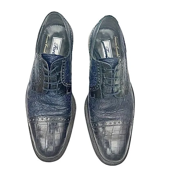 GORGEOUS FORLI MENS GENUINE CROCODILE &amp; OSTRICH BLUE OXFORDS 8 M $795 EUC