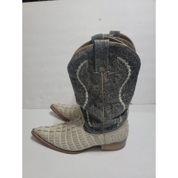 Gran Lider Gray Cream Leather Embossed Ostrich Cowboy Boots Mens Size 9 FLAW