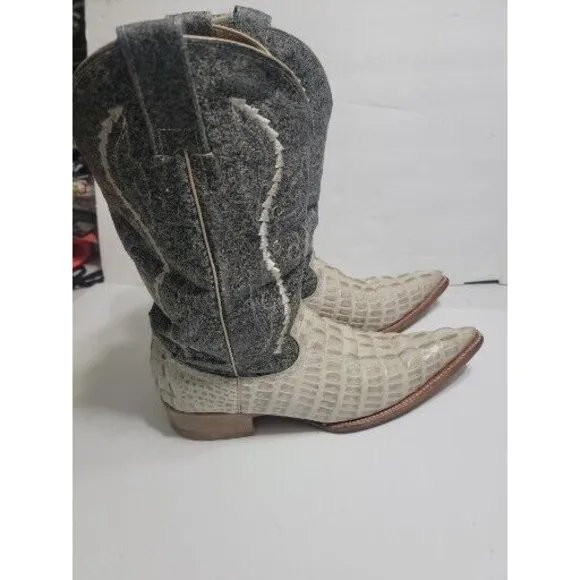 Gran Lider Gray Cream Leather Embossed Ostrich Cowboy Boots Mens Size 9 FLAW