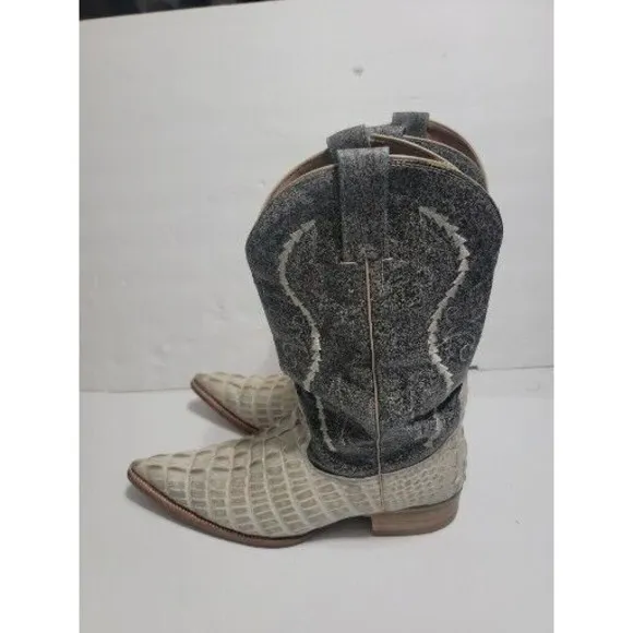 Gran Lider Gray Cream Leather Embossed Ostrich Cowboy Boots Mens Size 9 FLAW