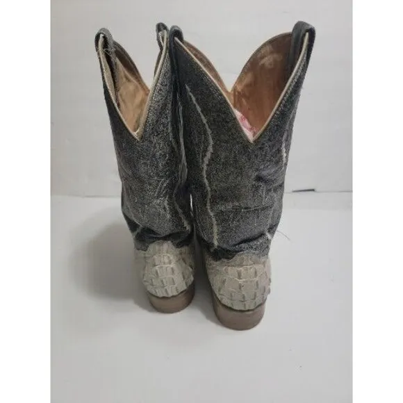 Gran Lider Gray Cream Leather Embossed Ostrich Cowboy Boots Mens Size 9 FLAW