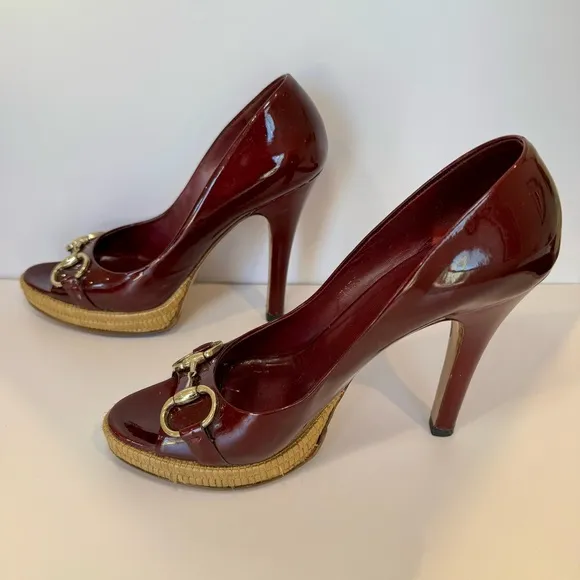 Gucci Burgundy Patent Leather Bamboo Platform Heels W Horsebit Accent Sz…