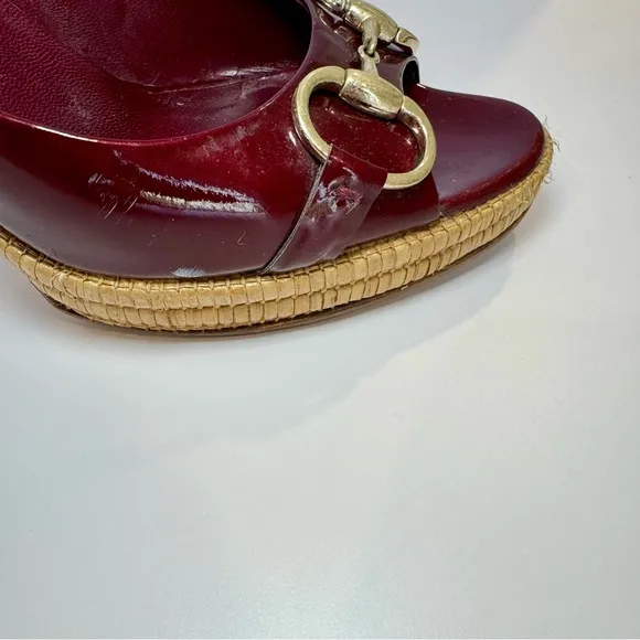 Gucci Burgundy Patent Leather Bamboo Platform Heels W Horsebit Accent Sz…