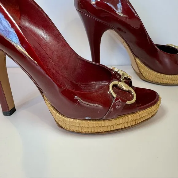 Gucci Burgundy Patent Leather Bamboo Platform Heels W Horsebit Accent Sz…