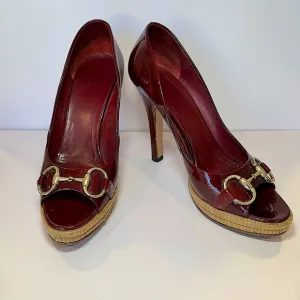 Gucci Burgundy Patent Leather Bamboo Platform Heels W Horsebit Accent Sz…