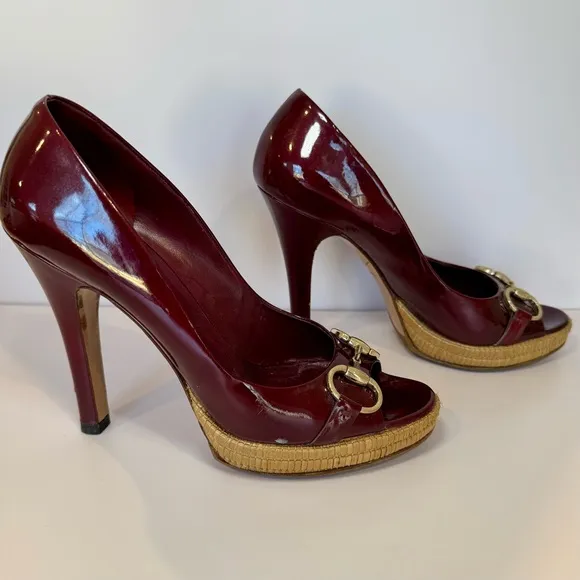 Gucci Burgundy Patent Leather Bamboo Platform Heels W Horsebit Accent Sz…