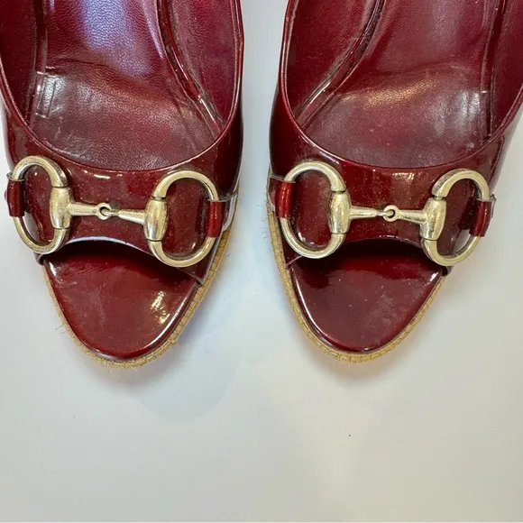 Gucci Burgundy Patent Leather Bamboo Platform Heels W Horsebit Accent Sz…