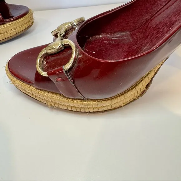 Gucci Burgundy Patent Leather Bamboo Platform Heels W Horsebit Accent Sz…