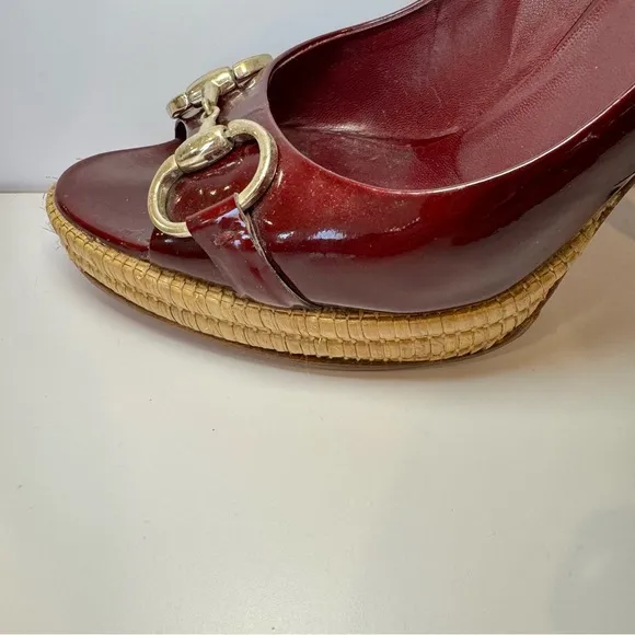 Gucci Burgundy Patent Leather Bamboo Platform Heels W Horsebit Accent Sz…