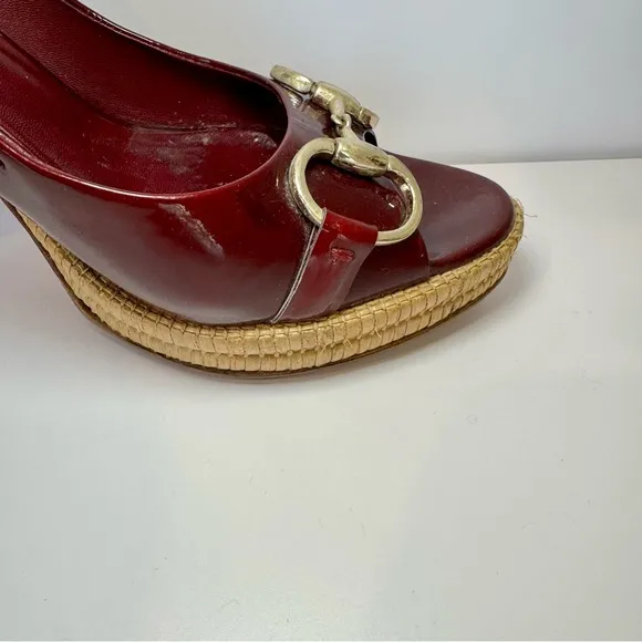 Gucci Burgundy Patent Leather Bamboo Platform Heels W Horsebit Accent Sz…