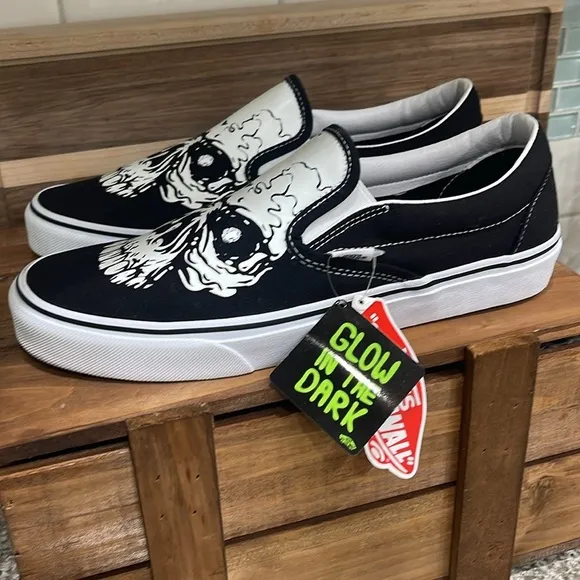 Hard to Find Vans Black and White Glow Skull Slip-On Canvas Shoes