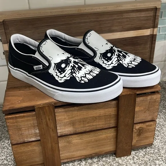 Hard to Find Vans Black and White Glow Skull Slip-On Canvas Shoes