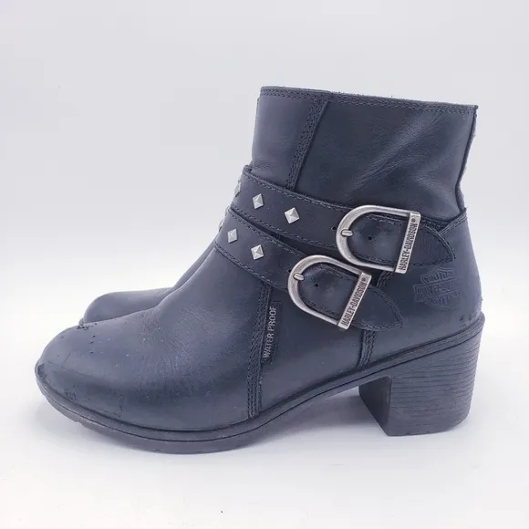 Harley Davidson Abney Waterproof Riding Boots Black Leather Ankle Bootie Size 10