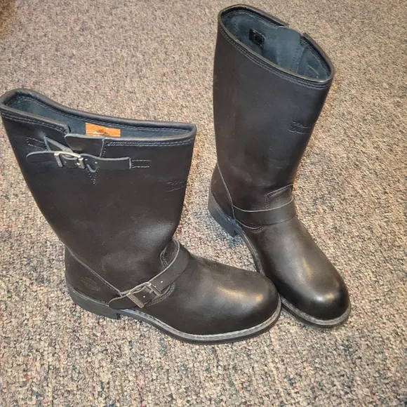 Harley Davidson Steel Toe Black Leather Buckle Boots Mens 9.5