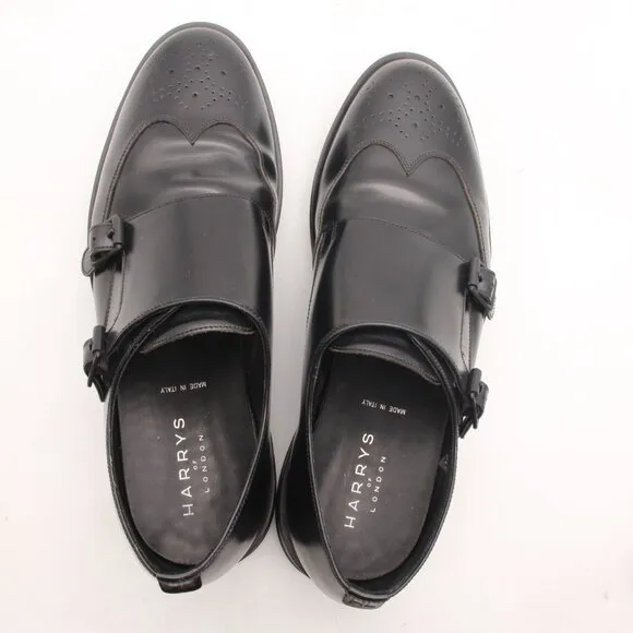 HARRYS of LONDON Double Monk Strap Men's EU 44 Black Leather Wingtip Shoes Italy