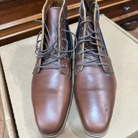 HELM Boots Men's Lace-up Leather Brown w/ Blue Denim Side Panels Size 7