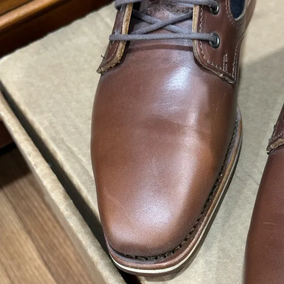 HELM Boots Men's Lace-up Leather Brown w/ Blue Denim Side Panels Size 7