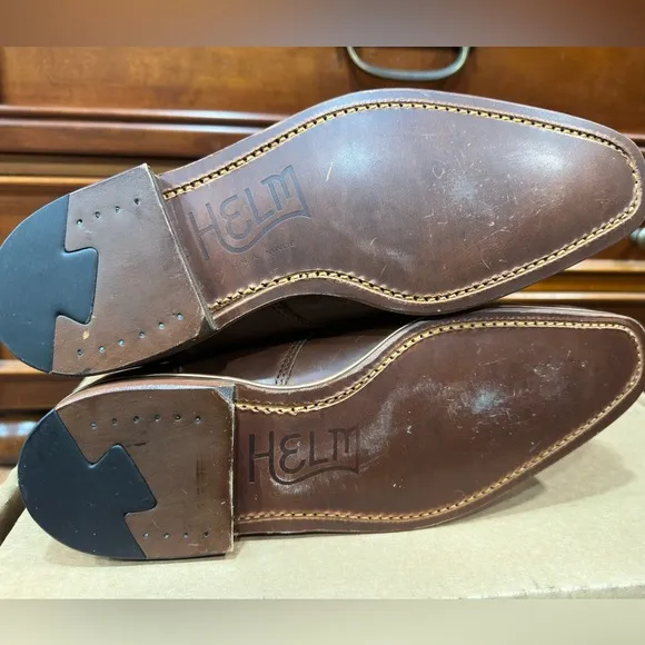 HELM Boots Men's Lace-up Leather Brown w/ Blue Denim Side Panels Size 7