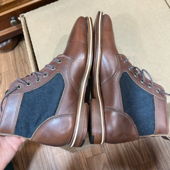 HELM Boots Men's Lace-up Leather Brown w/ Blue Denim Side Panels Size 7