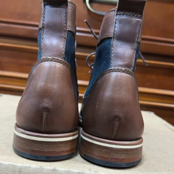 HELM Boots Men's Lace-up Leather Brown w/ Blue Denim Side Panels Size 7