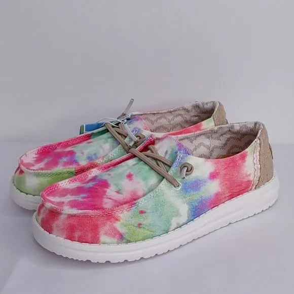 HEY DUDE 'WENDY BOHO MANDALA' TIE-DYE LACE TRIM YOUTH MOCCASIN SHOE SIZE 1
