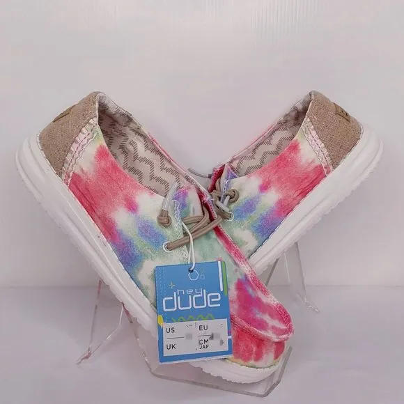 HEY DUDE 'WENDY BOHO MANDALA' TIE-DYE LACE TRIM YOUTH MOCCASIN SHOE SIZE 1