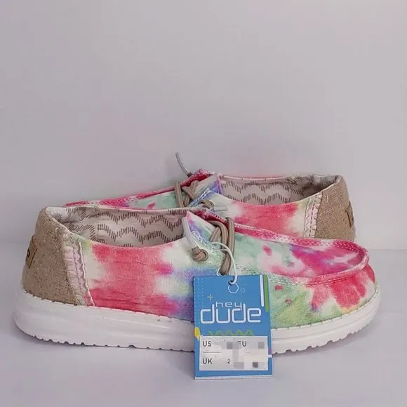 HEY DUDE 'WENDY BOHO MANDALA' TIE-DYE LACE TRIM YOUTH MOCCASIN SHOE SIZE 1