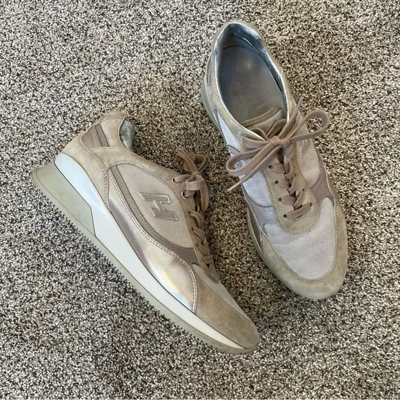 HOGAN Beige Suede Sneakers With Metallic Accents Women’s Size 39