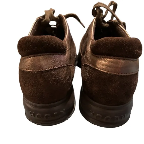 HOGAN women’s size 9.5 brown suede‎ with bronze trim sneakers.