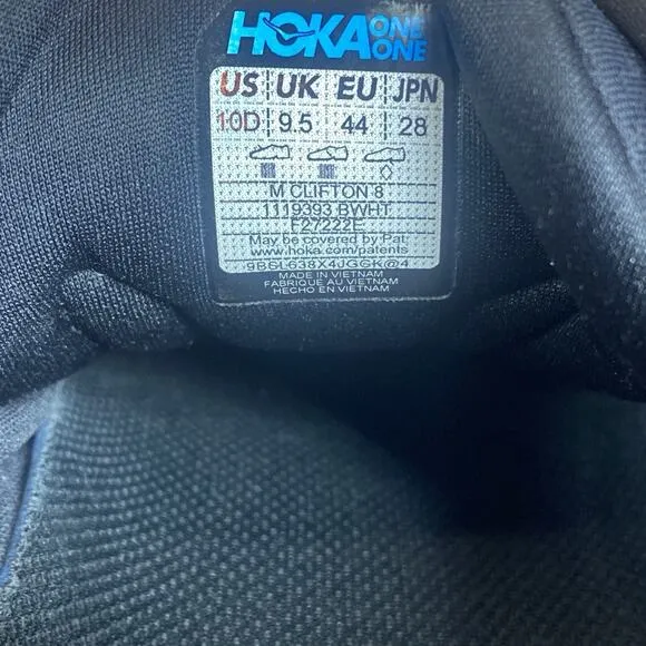 Hoka One One Clifton 8 Mens Black And White Size 10 D Athletic Running Shoes