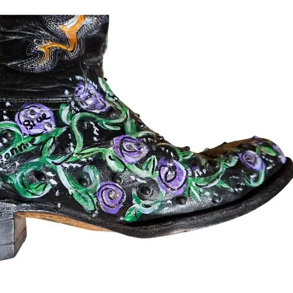 Holster Leather Western Boots Ostrich Quill Hand Painted Artisan 8.5 Cowgirl