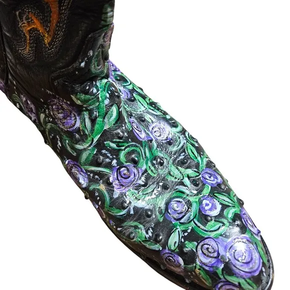 Holster Leather Western Boots Ostrich Quill Hand Painted Artisan 8.5 Cowgirl