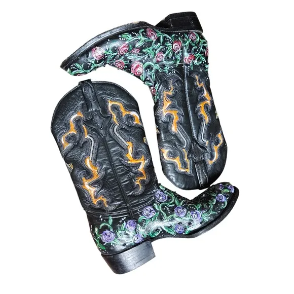 Holster Leather Western Boots Ostrich Quill Hand Painted Artisan 8.5 Cowgirl
