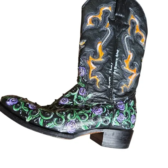 Holster Leather Western Boots Ostrich Quill Hand Painted Artisan 8.5 Cowgirl