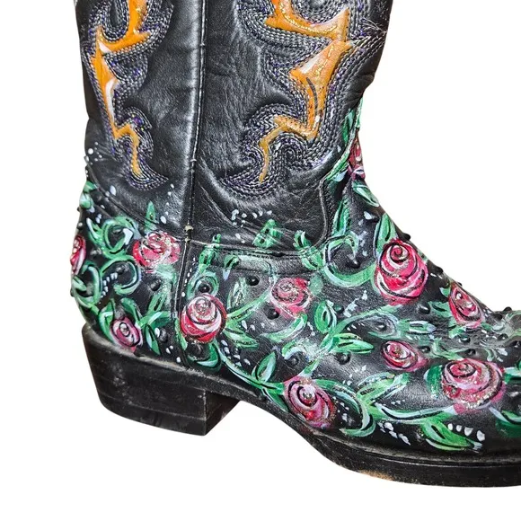 Holster Leather Western Boots Ostrich Quill Hand Painted Artisan 8.5 Cowgirl