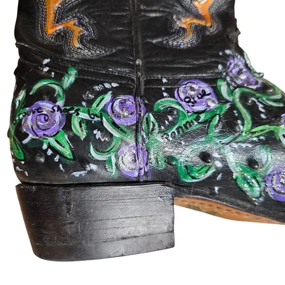 Holster Leather Western Boots Ostrich Quill Hand Painted Artisan 8.5 Cowgirl