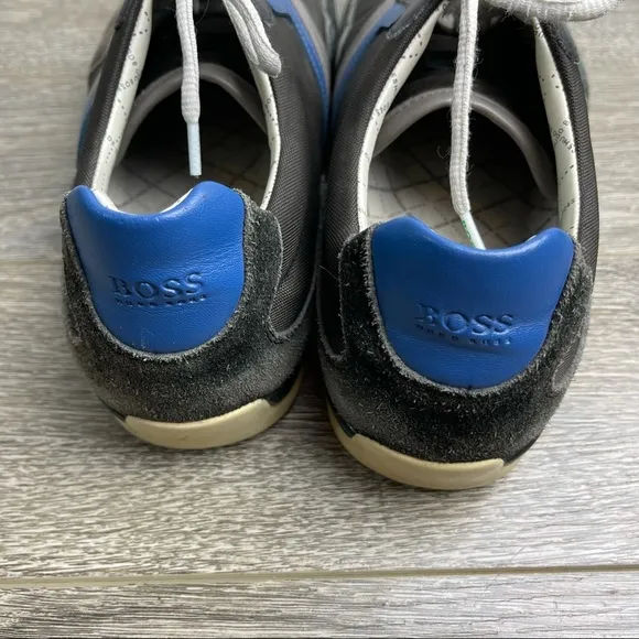 HUGO BOSS Men's Black Leather 'Spacit' Lace Up Sneakers Blue/Gray Stripe Size 46