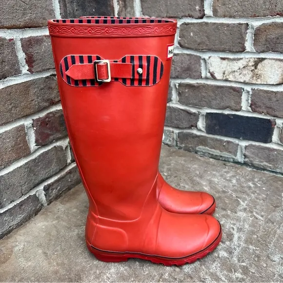 Hunter Red Stripped Tall Boots Rain Waterproof Sz 4