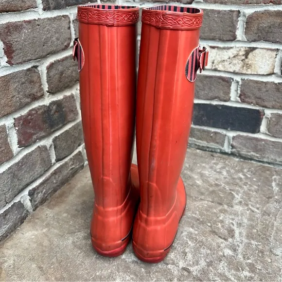 Hunter Red Stripped Tall Boots Rain Waterproof Sz 4
