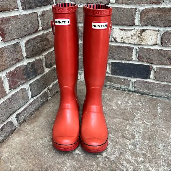 Hunter Red Stripped Tall Boots Rain Waterproof Sz 4