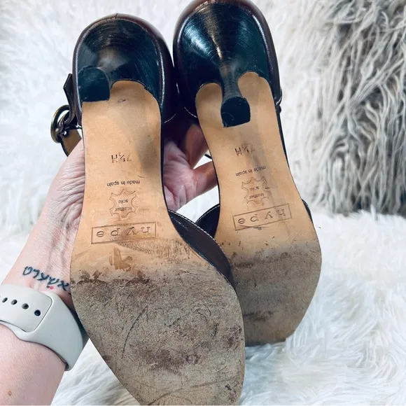 HYPE Brown Leather Mary Jane Heeled Pump Shoes