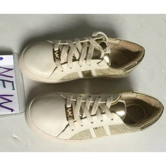 Iconic 👀 𝐌𝐈𝐂𝐇𝐀𝐄𝐋 𝐊𝐎𝐑𝐒 MK Gold Chain Mesh Glitter Ivory Sneakers sz13