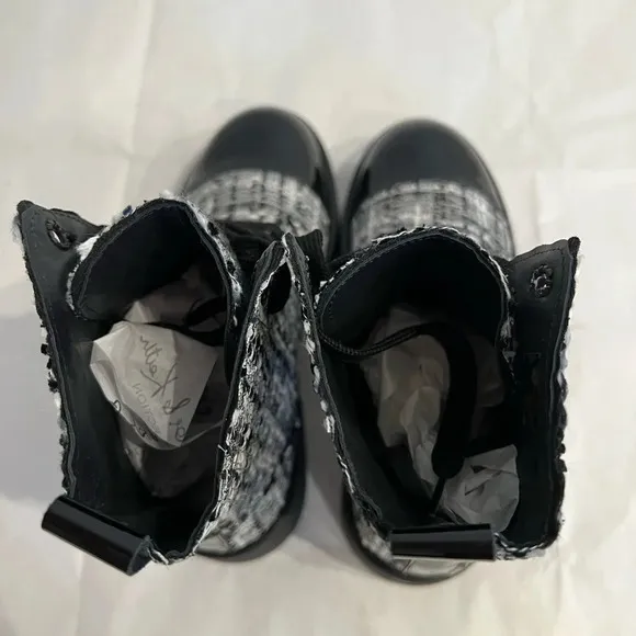 Intrend Black &amp; White Tweed Leather Combat Boots Black Women's 39 EU 9 US NIB
