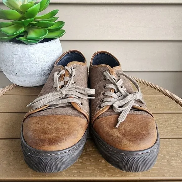 Italian Leather Low Top Cap Toe Sneakers Lace Up Brown Tennis Shoes Size 9