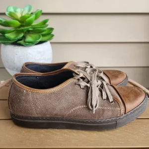 Italian Leather Low Top Cap Toe Sneakers Lace Up Brown Tennis Shoes Size 9