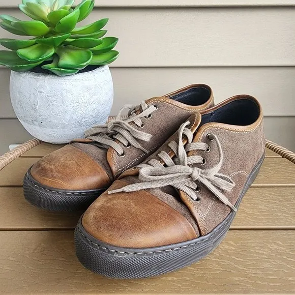 Italian Leather Low Top Cap Toe Sneakers Lace Up Brown Tennis Shoes Size 9