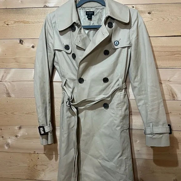 J Crew Collection Trench Coat Khaki Tan Double Breasted Belted Women's Size 0